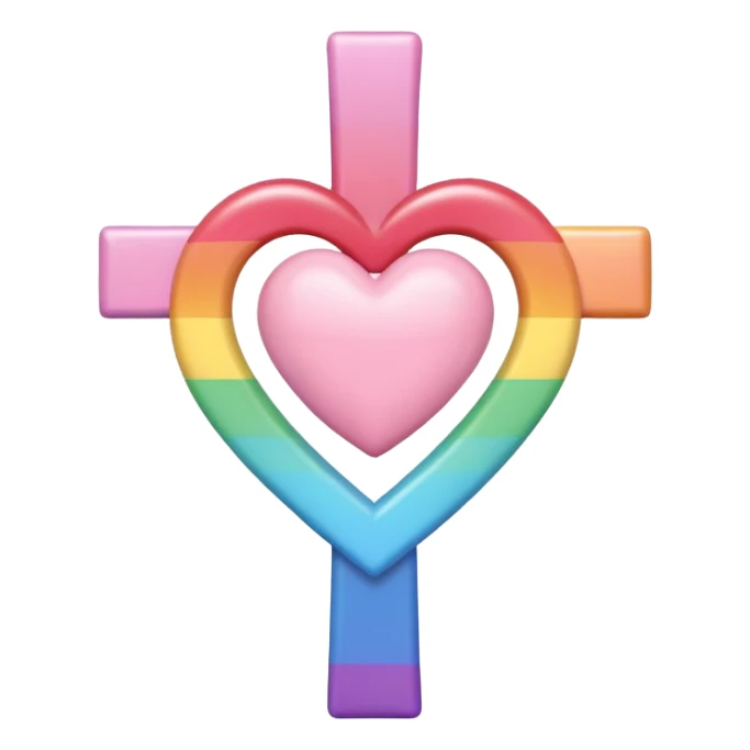 Heart infront of cross, pastel pink and rainbow sticker