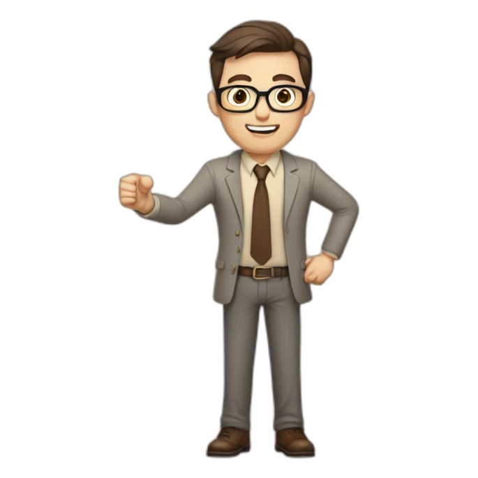 To belt Actively gesturing with hands Pale skinned fit man teacher with dark brown hair in gray jacket, beige office shirt, brown tie, brown pants and vintage glasses. sticker