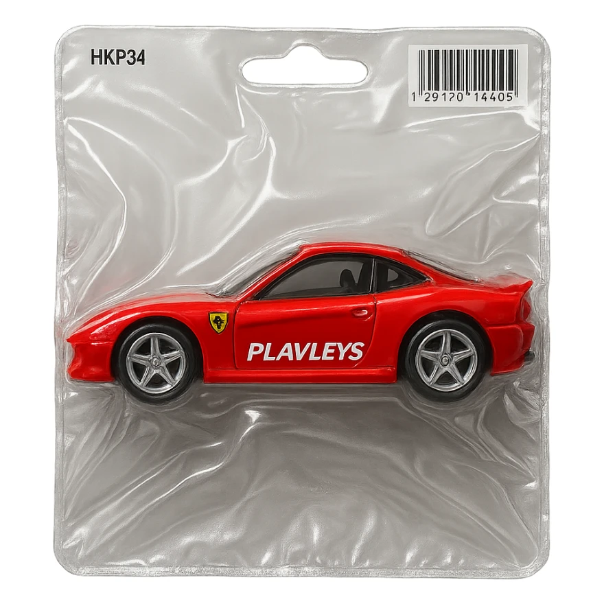 red Ferrari car with the word 'PLAVLEYS' on the side, inside a Hot Wheels style blister package, glossy and puffy, no background sticker