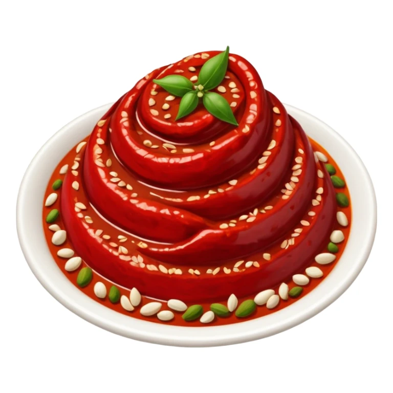 realistic harissa paste, dollop or swirl, deep red, thick textured, glossy, uneven, flecks of chili, spices, seeds, vibrant red to crimson, clean 3D, soft lighting, transparent background, emoji scale sticker