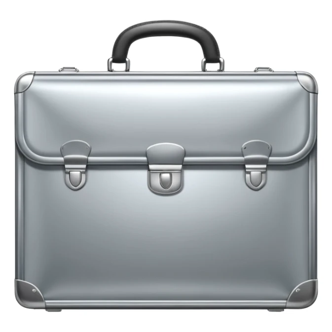 A luxury briefcase emoji made of polished silver chrome, smooth rectangular shape, metallic reflections, minimal high-end design, swag business aesthetic, iOS emoji style, centered, clean white background
 sticker