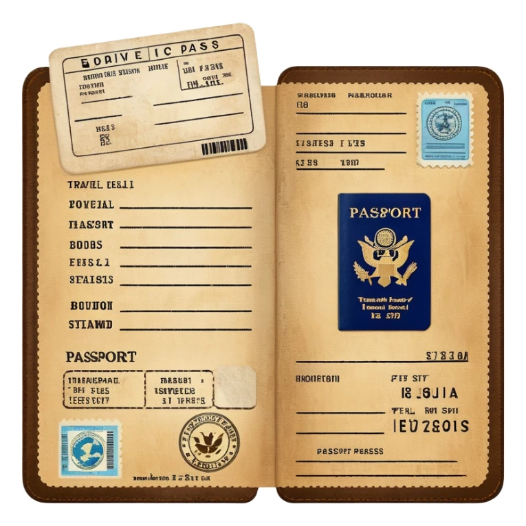 Passport with travel stamps and boarding pass sticker