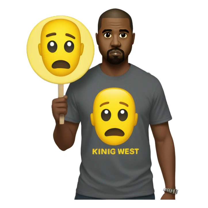 Kanye west holds a yellow sign with tshirt sticker