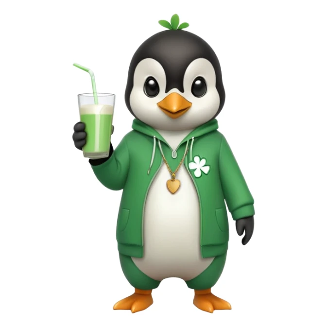 full body friendly anthropomorphised penguin wearing green mafia-style tracksuit, angry confident scheming stance, holding glass of milk, shamrock accessory sticker