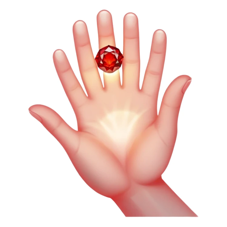 Pov white tone skin hand holding a red glowing gem refracting light sticker