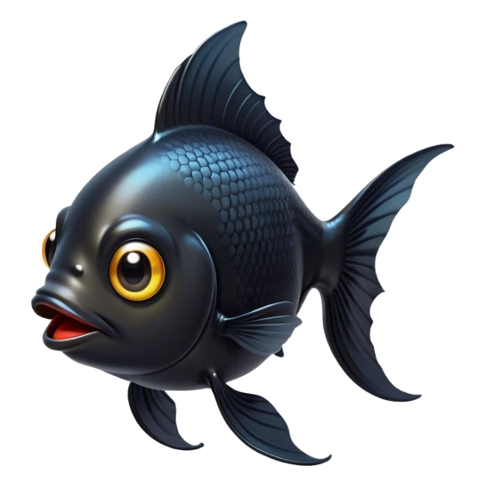 Cinematic Comical Black Goldfish Portrait Emoji, Head tilted dramatically with an exaggeratedly amused expression, featuring a striking, glossy deep black body with vibrant, fluttering fins, wide, expressive golden eyes filled with playful disbelief, Simplified yet hilariously expressive features, highly detailed, glowing with a slightly sassy glow, high shine, dramatic yet playful, stylized with an air of cheeky mischief, bright and endearing, soft glowing outline, capturing the essence of a spirited and over-the-top goldfish, so meme-worthy it feels like it could side-eye its way into internet fame instantly! sticker