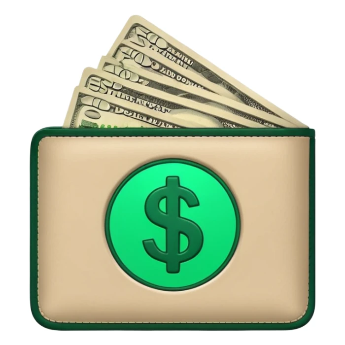 light beige wallet with dark green dollar bills, modern minimalist, emoji style sticker