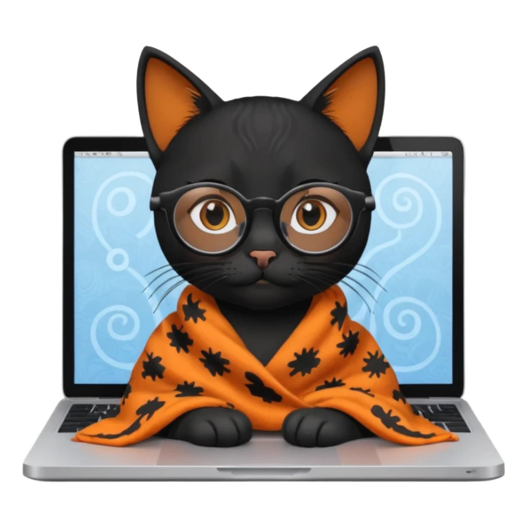 A black female cat working on a MacBook, with long, black straight lashes, round glasses and she wears a blanket with an orange pattern sticker