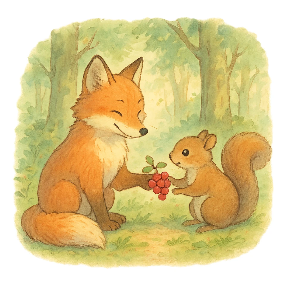a fox and squirrel sharing berries in a forest friendship scene, soft pastel colors, ghibli style sticker