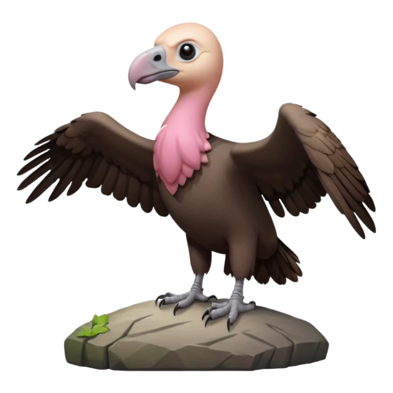 a vulture — large bird with dark brown feathers, bald pinkish head, curved beak and sharp eyes — standing proudly on a rock — wings slightly open — realistic yet cute cartoon emoji look, clean lighting, soft shadows. sticker