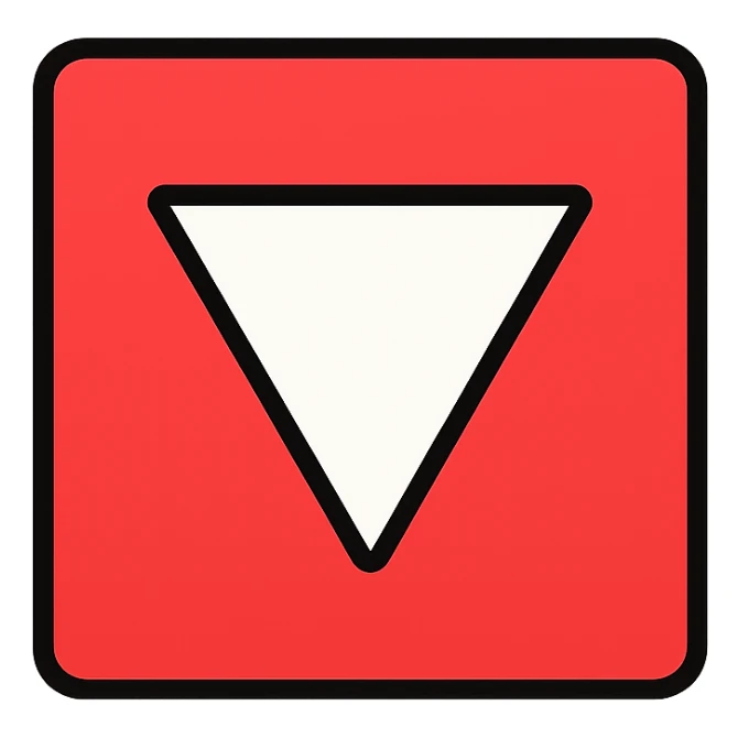 red square with a white equilateral triangle pointing downwards in the center, clean and geometric, minimal and bold, flat design, simple and modern sticker