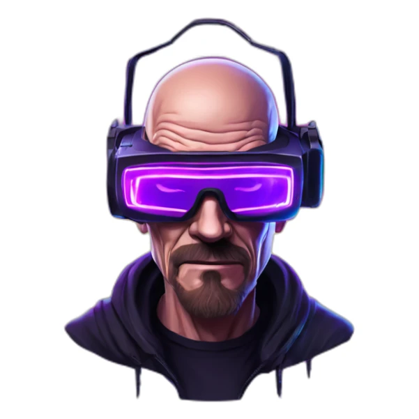 Walter White wearing a black hoodie with "OMG" letters on it and VR headset in a cyberpunk VR environment with violet neon lighting. sticker