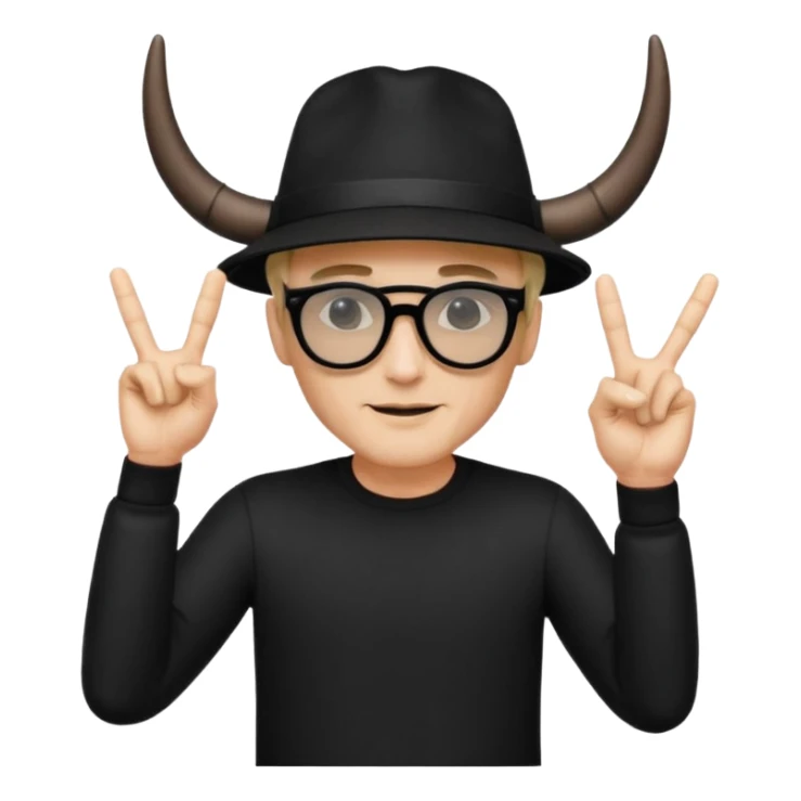 man dressed in black with dark glasses black Lens and a black hat making the horns gesture with both fingers hands sticker