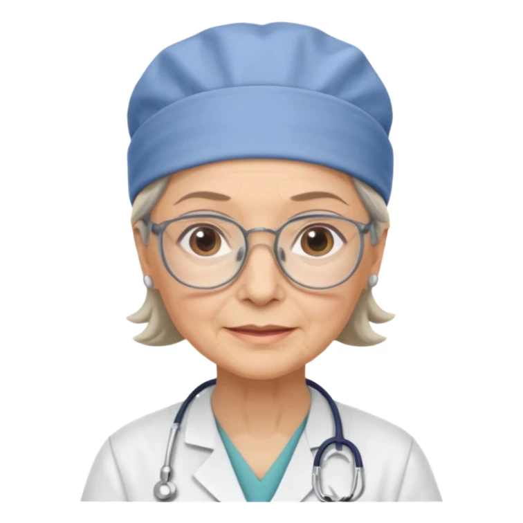 older woman doctor with scrub cap no smile sticker