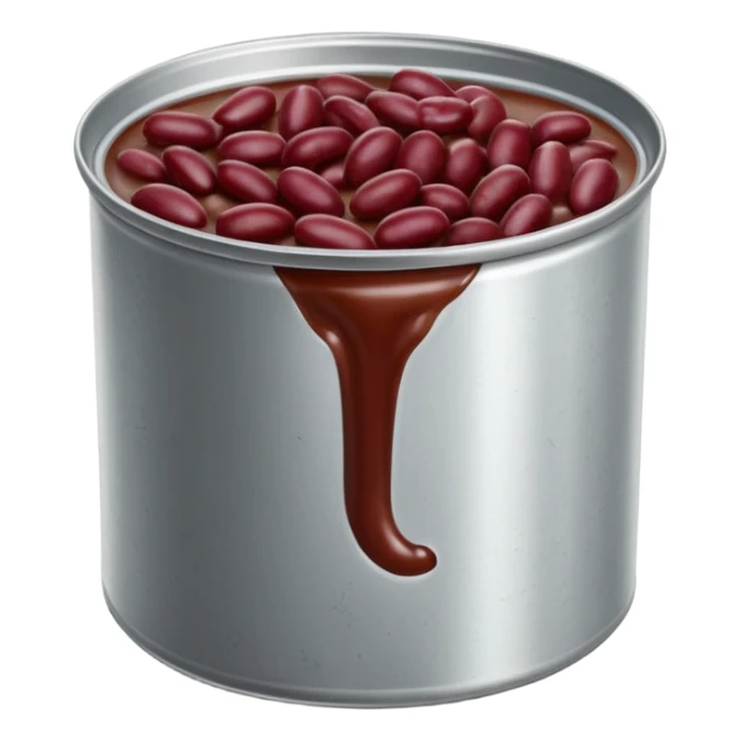 open metal can filled with glossy dark red kidney beans in thick slightly starchy liquid, beans plump smooth gently mounded in plain partially opened tin can, no label or extras, apple emoji style, soft lighting, subtle shadows, transparent background, emoji scale sticker