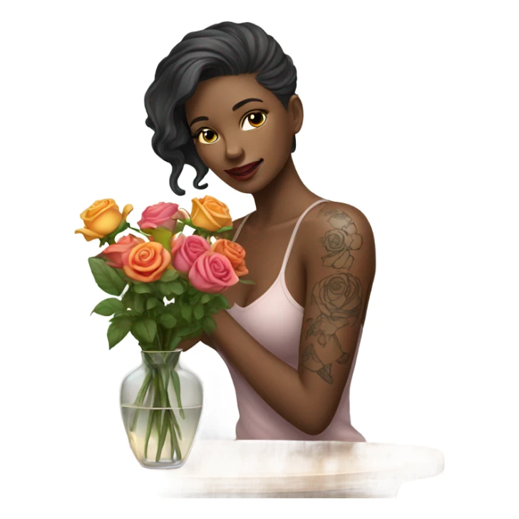 Hyper Realistic beautiful woman model with a small rose tattoo arranging flowers in a vase sticker