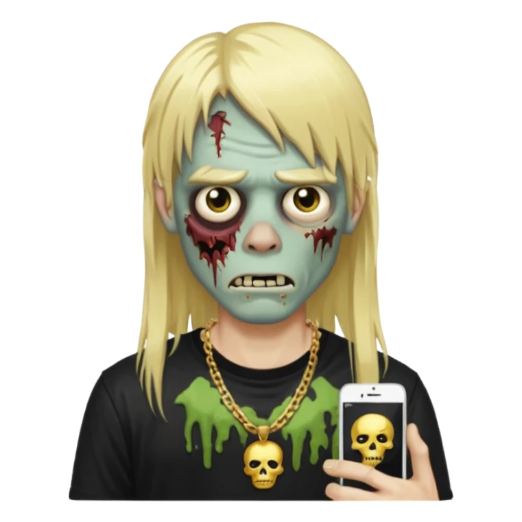 make a iphone emoji who is a zombie man with long blonde hair with bangs, with a black punk shirt and a golden neckless sticker