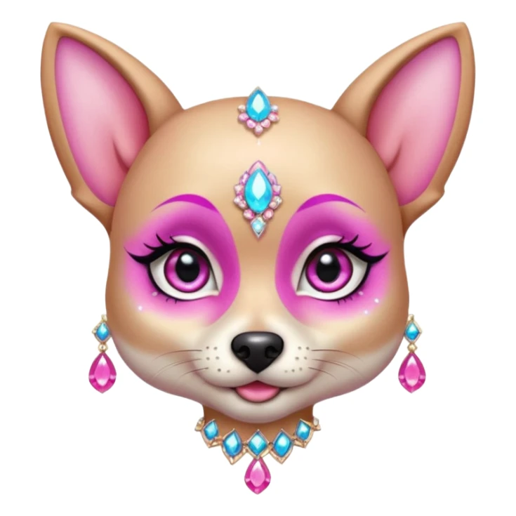 glamorous dog portrait, head and shoulders only, exaggerated pink makeup, bright eyeshadow, long eyelashes, shiny blush cheeks, sparkling face gems, glitter accents, elegant earrings, fantasy beauty style, cute 3D cartoon, mobile game icon style, clean background, no text, no watermark
 sticker