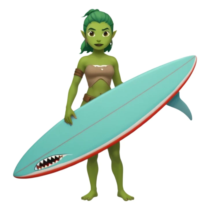 orc female holds a little surfboard with a shark painted vertically in his hands sticker