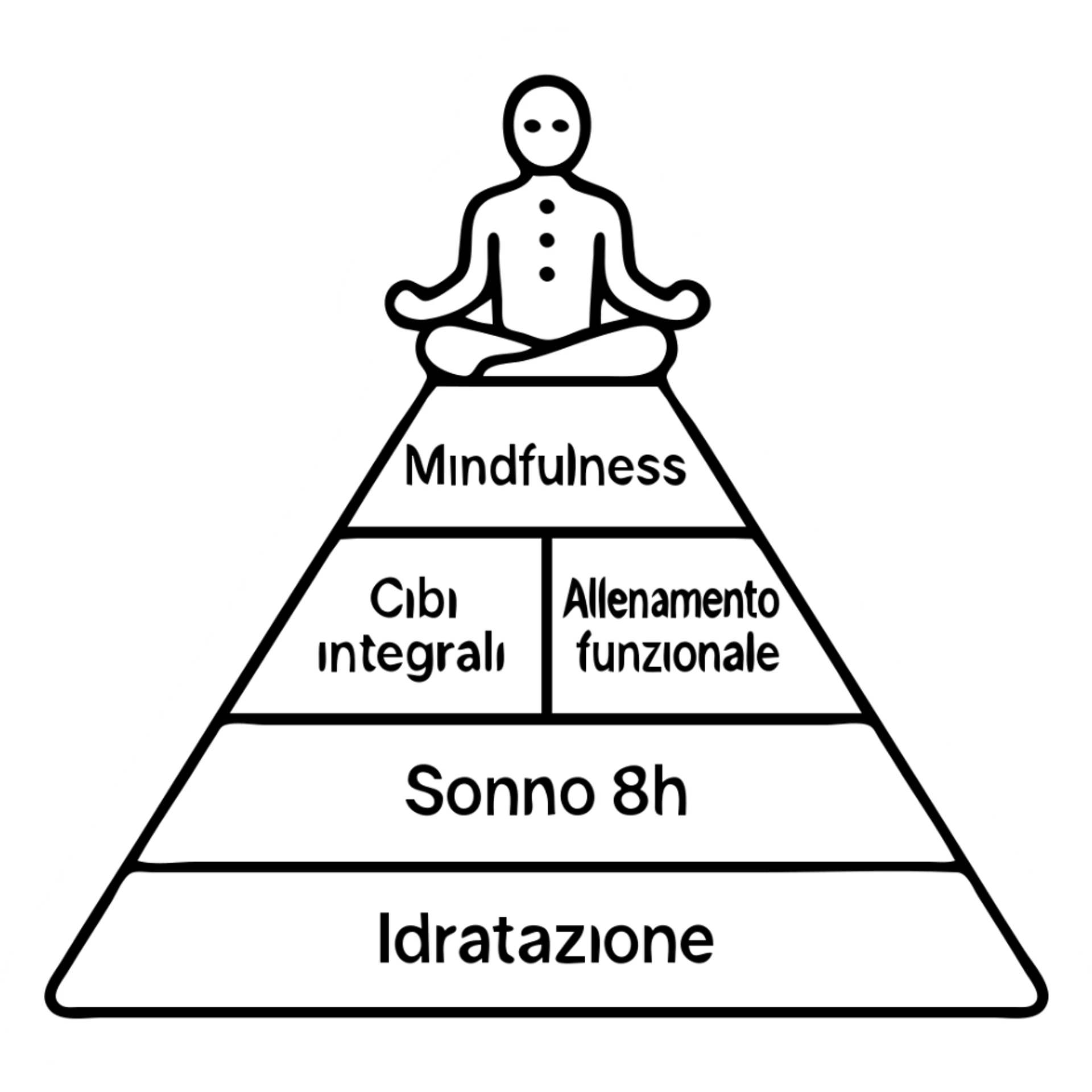 Piramide della salute in stile minimalista con livelli e icone semplici, testi in italiano. Base Sonno 8h e Idratazione, centro Cibi integrali e Allenamento funzionale, cima Mindfulness e Connessione sociale. Figura stilizzata che medita in cima, corpo con punti luminosi per neurotrasmettitori e flora intestinale. sticker