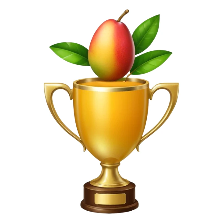 apple style emoji, classic trophy shape, the cup is a mango with a leaf, no face, with trophy handles sticker