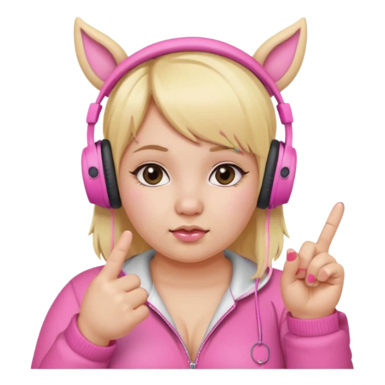 Create blonde chibby girl showing middle.finger. and she has pink headphones with ears sticker
