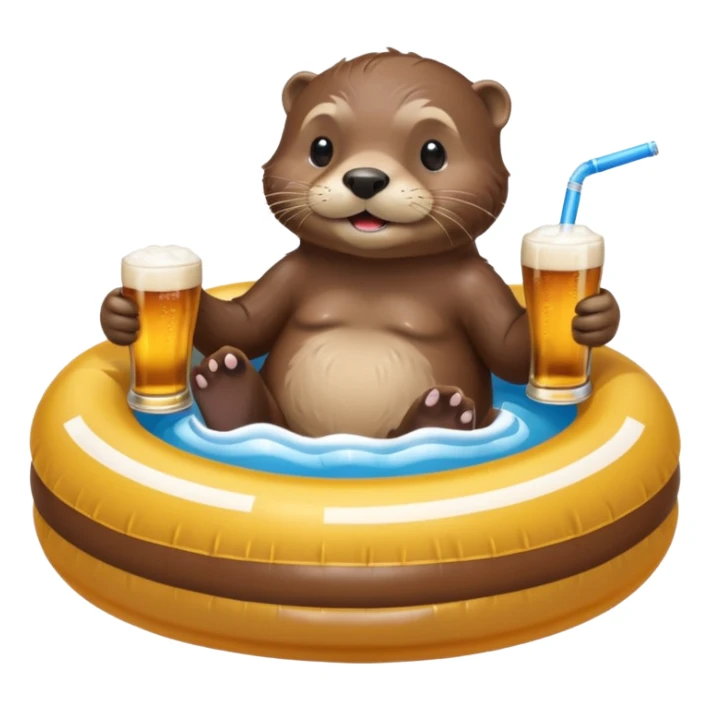 an otter sitting in an inflatable pool filled up with beer who is sipping directly from the pool made of beer with a little straw sticker