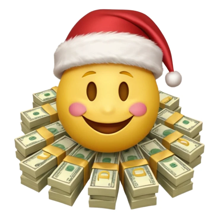 A festive 3D emoji style yellow smiley face wearing a Santa hat, surrounded by stacks of cash and dollar bills, joyful expression, Christmas and New Year theme, high quality, clean design, studio lighting, no text, no background, isolated object, transparent background, emojis.com style sticker