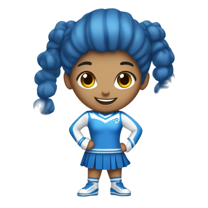 A full-length cheerleader girl in a blue suit with white and blue pompoms. Energetic and cheerful sticker