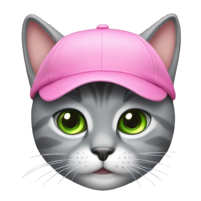 a gray cat with green eyes wearing a pink cap sticker