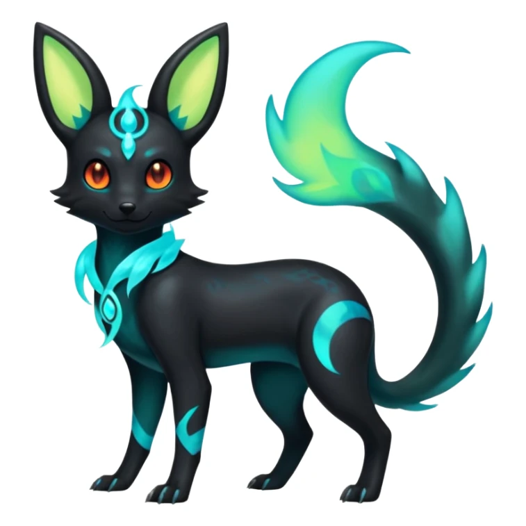 Shiny Ethereal Eldritch Cool Edgy Badass Punky Aural Iridescent Fluorescent Bioluminescent Umbreon-Amaura-Salandit-Litten-Flareon-Fakémon-fusion (full body) sticker