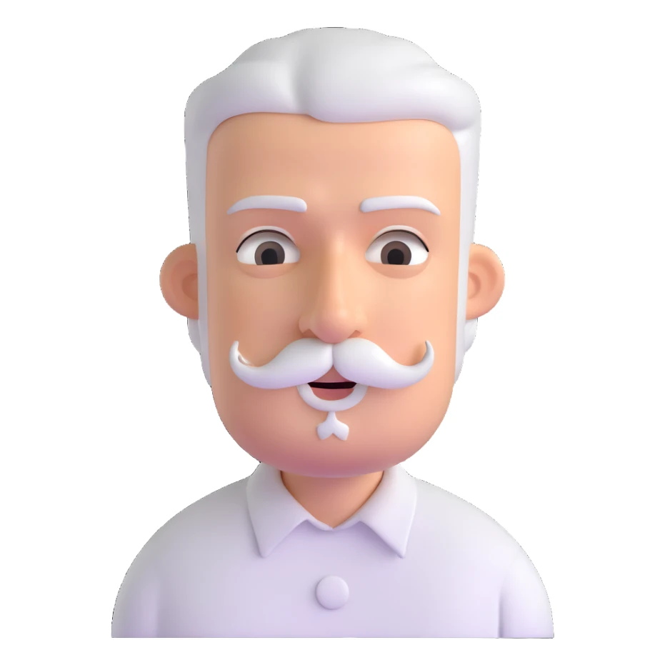 man with oval-shaped flat-top head, bushy white mustache, wearing a white shirt with three white buttons sticker
