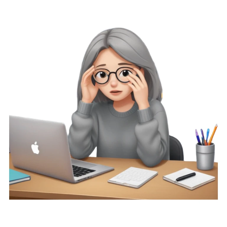 female tired blogger with a laptop, rubbing eyes, oversized sweater, cluttered desk, late night vibe sticker