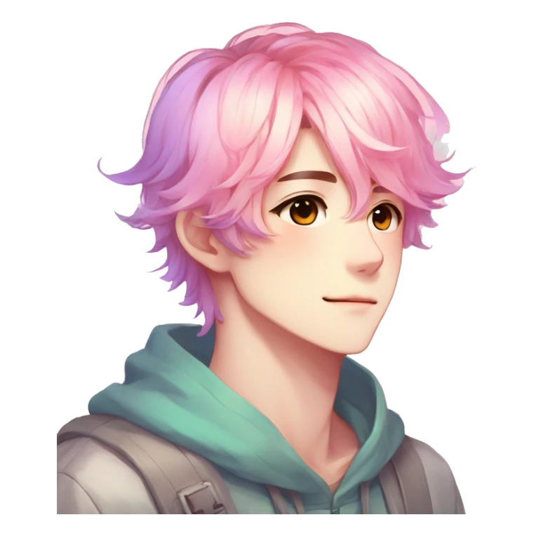 Gorgeous anime style shojo guy with blushing face aesthetic and pretty colorful shiny gradient pastel hair trending style sticker