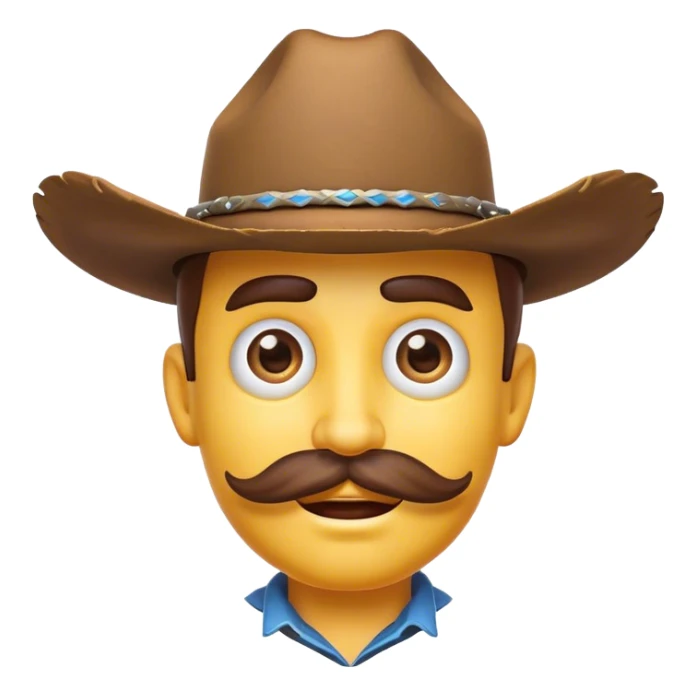 Clash of Clans aesthetic Comical Cowboy Portrait Emoji, Head tilted dramatically with an exaggerated, fun expression and wide, comically expressive eyes, featuring a rugged yet cartoonish build with a playful cowboy hat and quirky mustache, his natural skin tone evident, Simplified yet hilariously expressive features, highly detailed, glowing with a slightly sassy western glow, high shine, dramatic yet playful, stylized with an air of cheeky frontier mischief, soft glowing outline, capturing the essence of a meme-worthy cowboy bringing humor to epic quests! sticker
