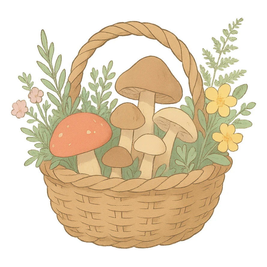 basket full of forest goodies including mushrooms, herbs, flowers in soft pastel colors, soft Ghibli style sticker