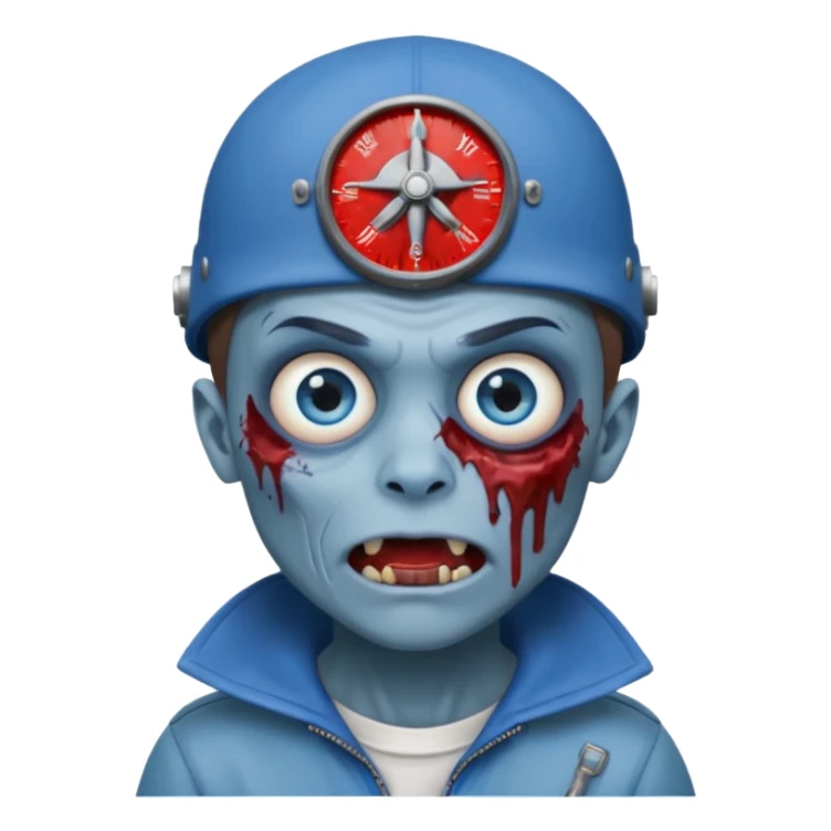 Zombie boy, with a blue face, blue eyes, brown hair and eyebrows, a sticking out fang, a bloody scratch on his face and a helicopter cap sticker