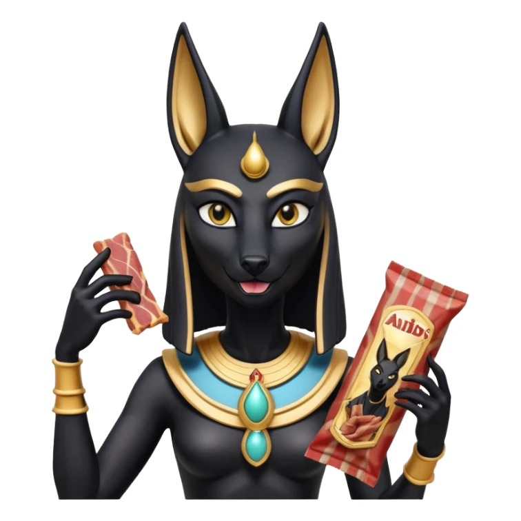  Friendly Short-eared Black fur beautiful female alien anubis statue posed biting on store-brand bacon packaging  sticker
