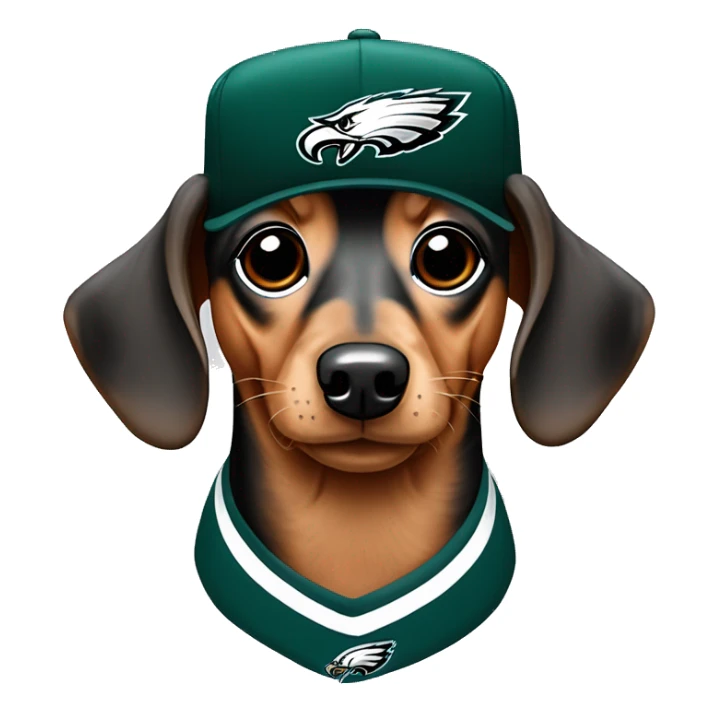 Miniature Dachshund Merle wearing Philadelphia Eagles Hat with Coco name on Jersey sticker