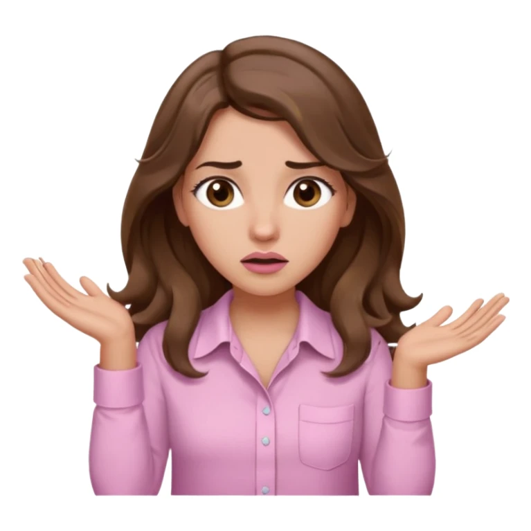 girl with wavy long brown hair, brown eyes, light to medium complexion, long lashes, light pink lipstick, wearing light pink shirt, shrugging with both hands, confused sticker