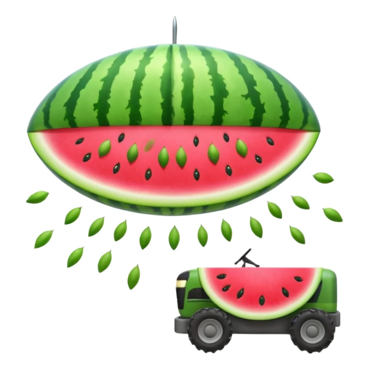 A UFO shaped like a slice of watermelon abducting seeds with a tiny tractor beam. Bright fun colors, cartoon style, minimal shadows, transparent background. sticker