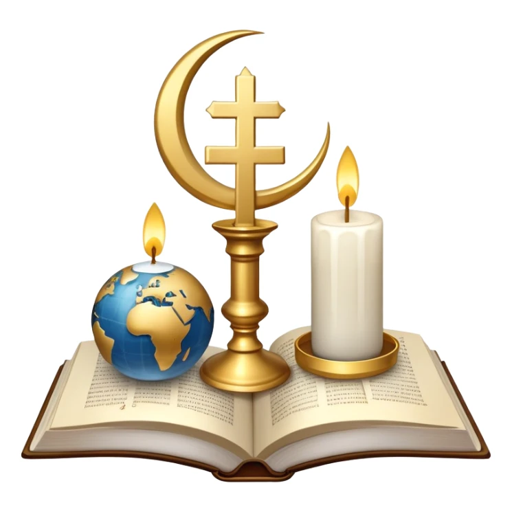 An icon featuring a holy book, a candle, and a cross, symbolizing religious studies. The design includes a globe with various religious symbols: a crescent moon and star (Islam), a lotus flower (Buddhism), representing global belief systems. Transparent background. sticker