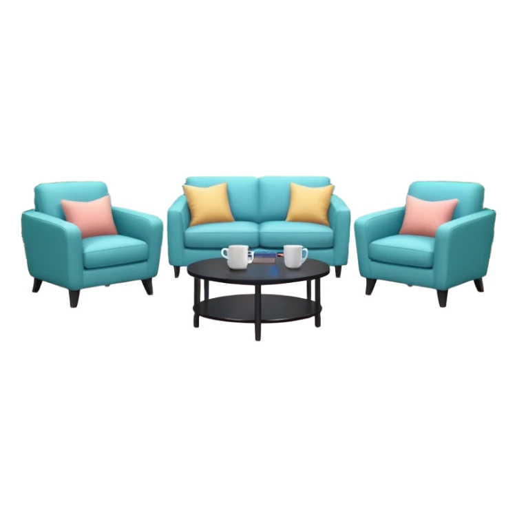 Morning entertainment TV studio, cozy talk show set with armchairs and couch with people, LED screen behind, warm pastel colors, green and blue lighting panels, festive decorations, friendly daytime TV atmosphere, realistic broadcast studio, no branding. sticker