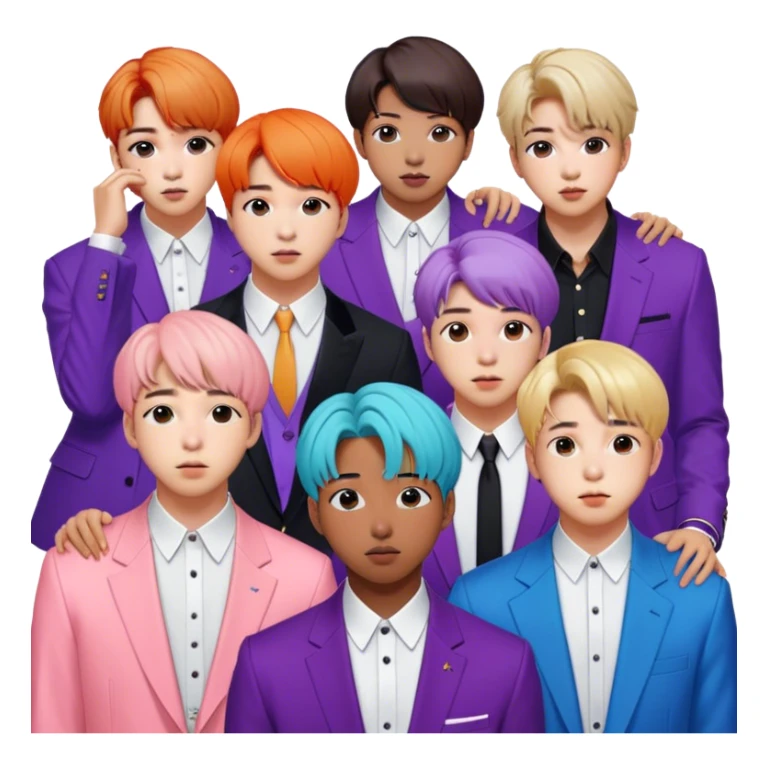 Cinematic Realistic group portrait of BTS featuring all 7 members in stylish modern attire, with detailed facial expressions and vibrant colors, captured in dynamic, contemporary lighting that emphasizes their global pop icon status sticker