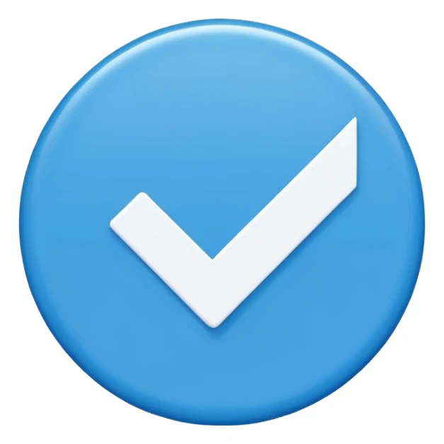 Create a high quality 2D emoji-style verification badge similar to Facebook/Meta style.
Flat design, clean smooth edges, bold and crisp colors, no gradients or minimal gradient only for polish.
A blue circular badge with a white check mark inside. Simple, vector-like, high resolution.
 sticker