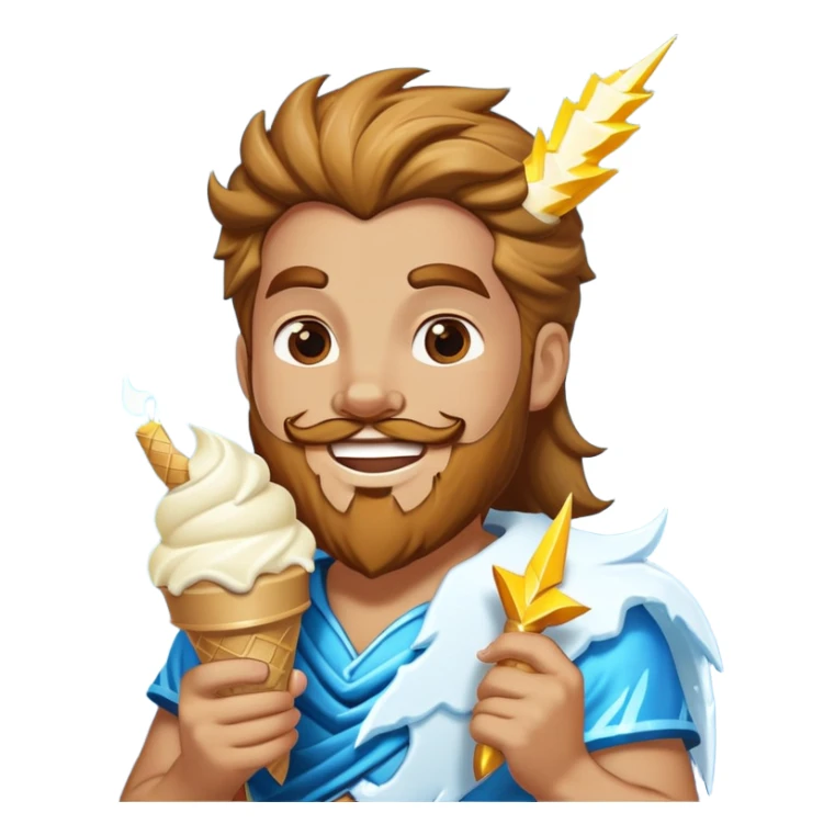 Zeus in vest smiling eating white ice cream holding lightning bolt sticker
