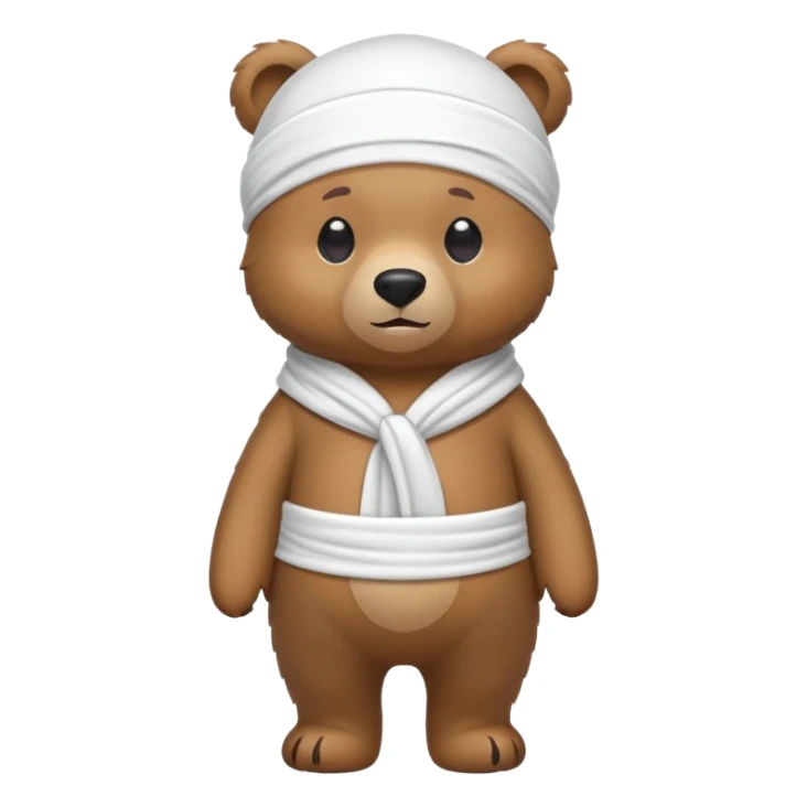 Full-body standing brown bear wearing a white durag on its head, cute emoji style sticker