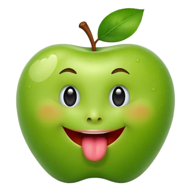 create a happy green apple with a face showing the tongue on IOS style sticker