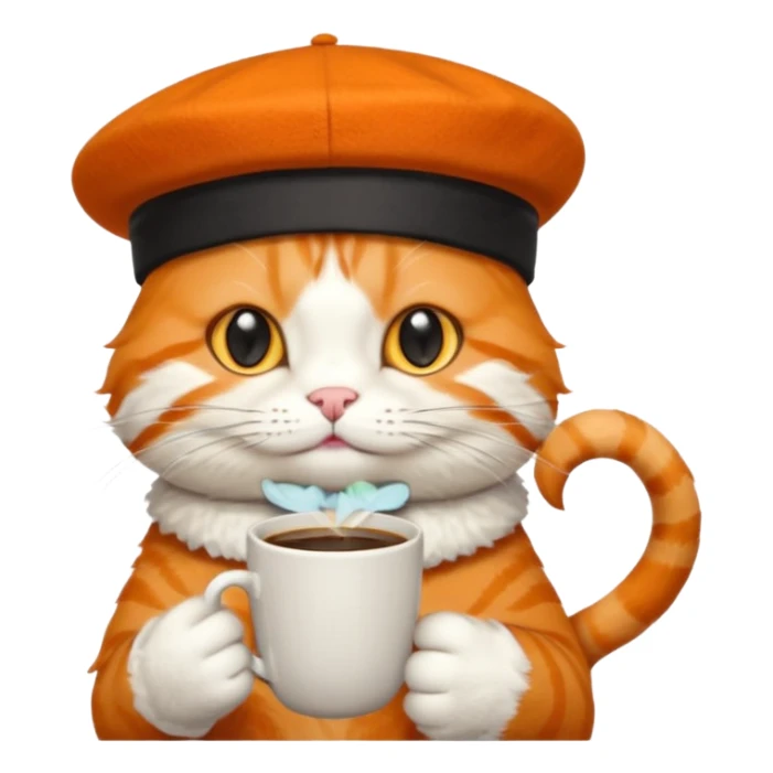 Orange cat, wear beret hat, holding coffee mug sticker