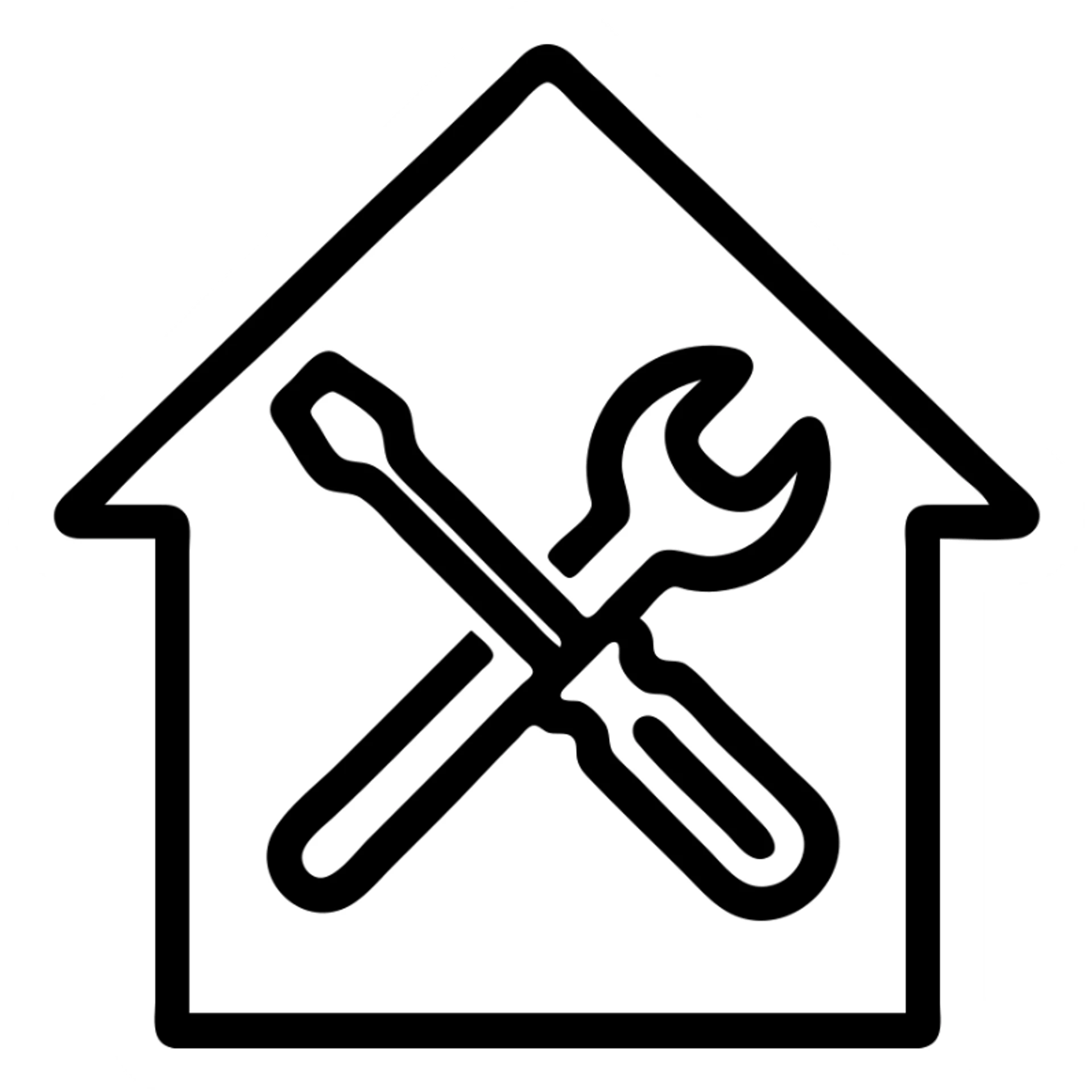 a screwdriver and wrench forming a house shape, modern icon style, minimal color, clean lines, suitable for app icon sticker